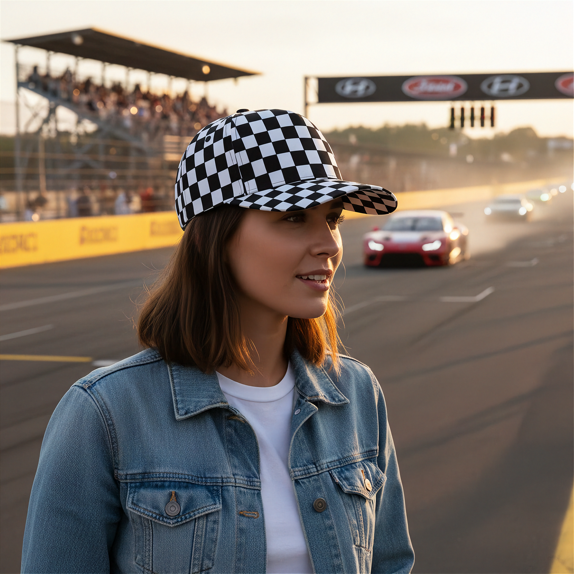 woman wearing a checkered cap and denim jacket on a race track with cars in the background