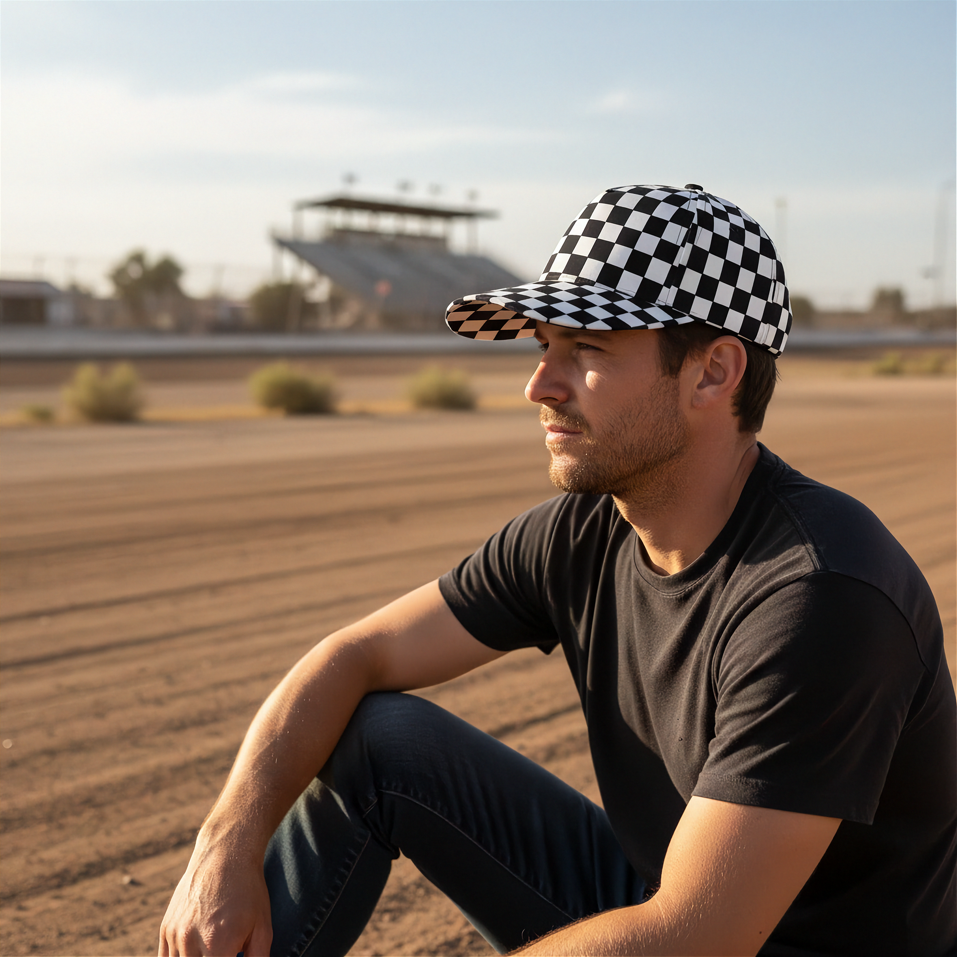 Man wearing a checkered cap and black t-shirt sitting on a dirt track.