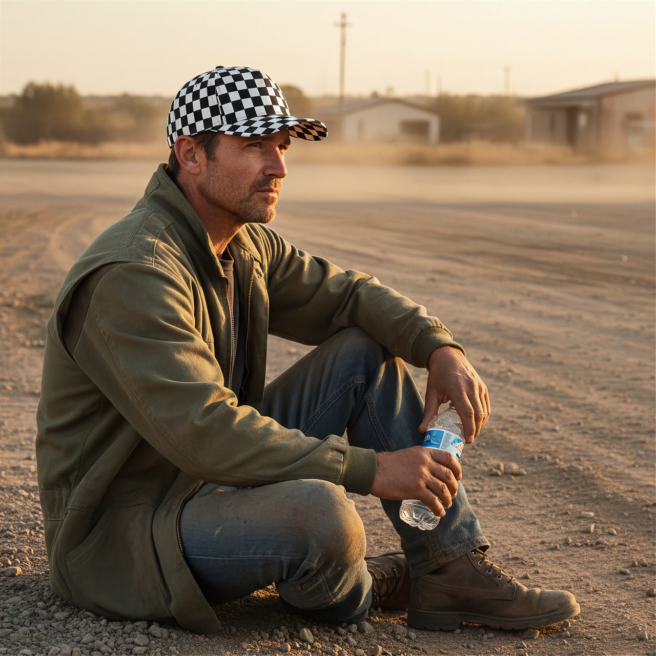 Man sitting on a dirt road holding a water bottle, wearing a checkered cap and green jacket.