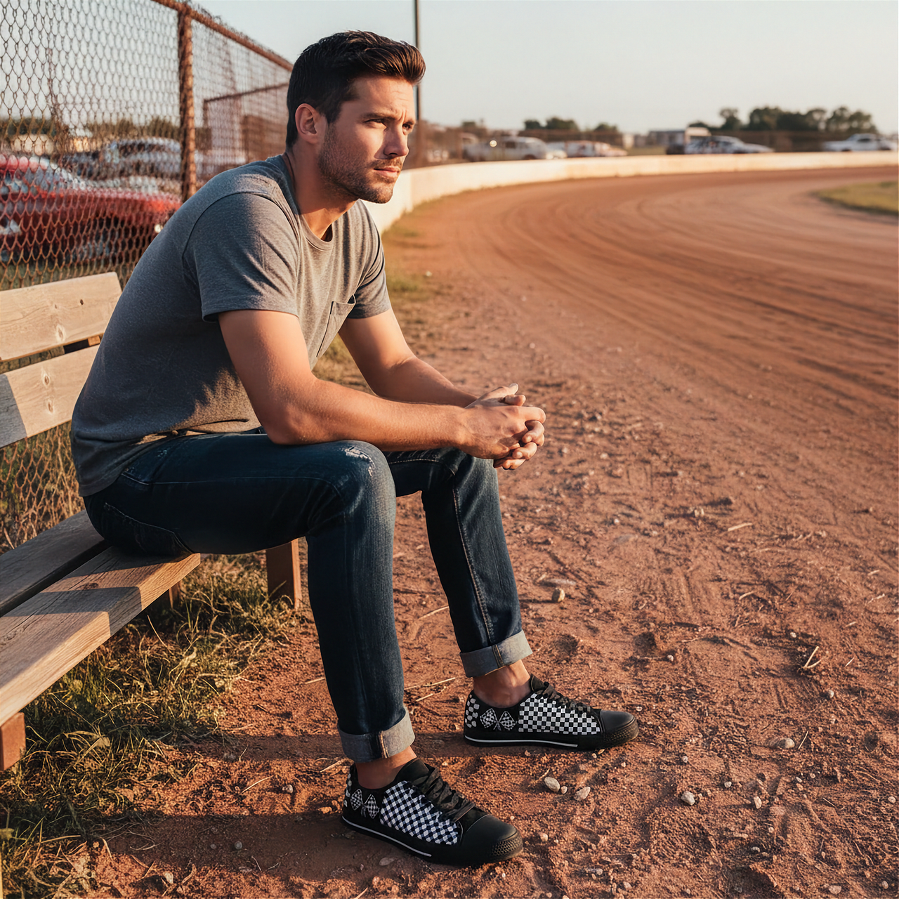 Man sitting on a wooden bench by a dirt track wearing a checkered flag low top shoes