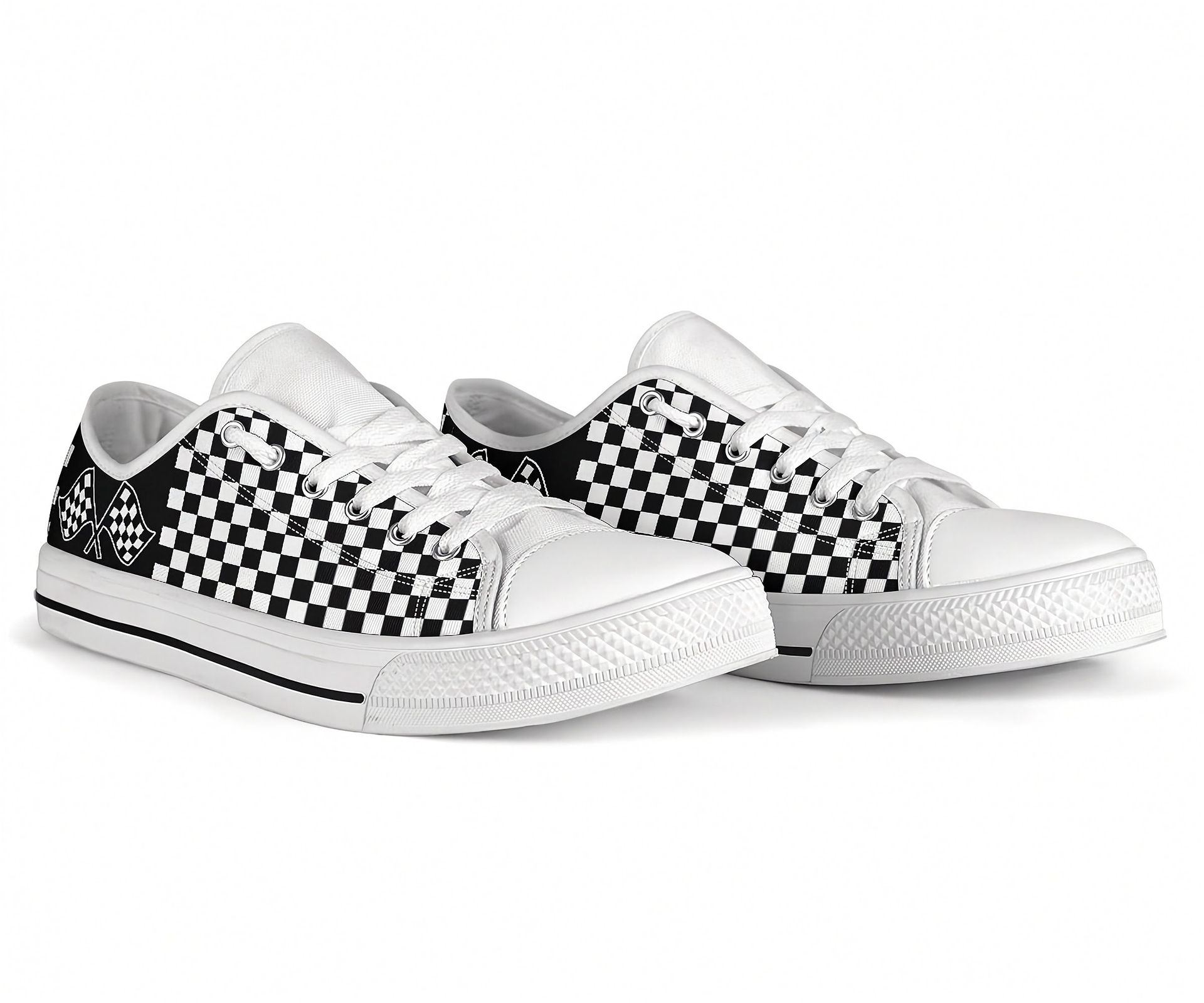 Pair of checkered shoes on a white background