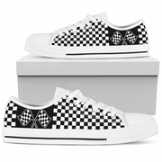 White low top shoes with black checkered pattern and racing flags on a white background