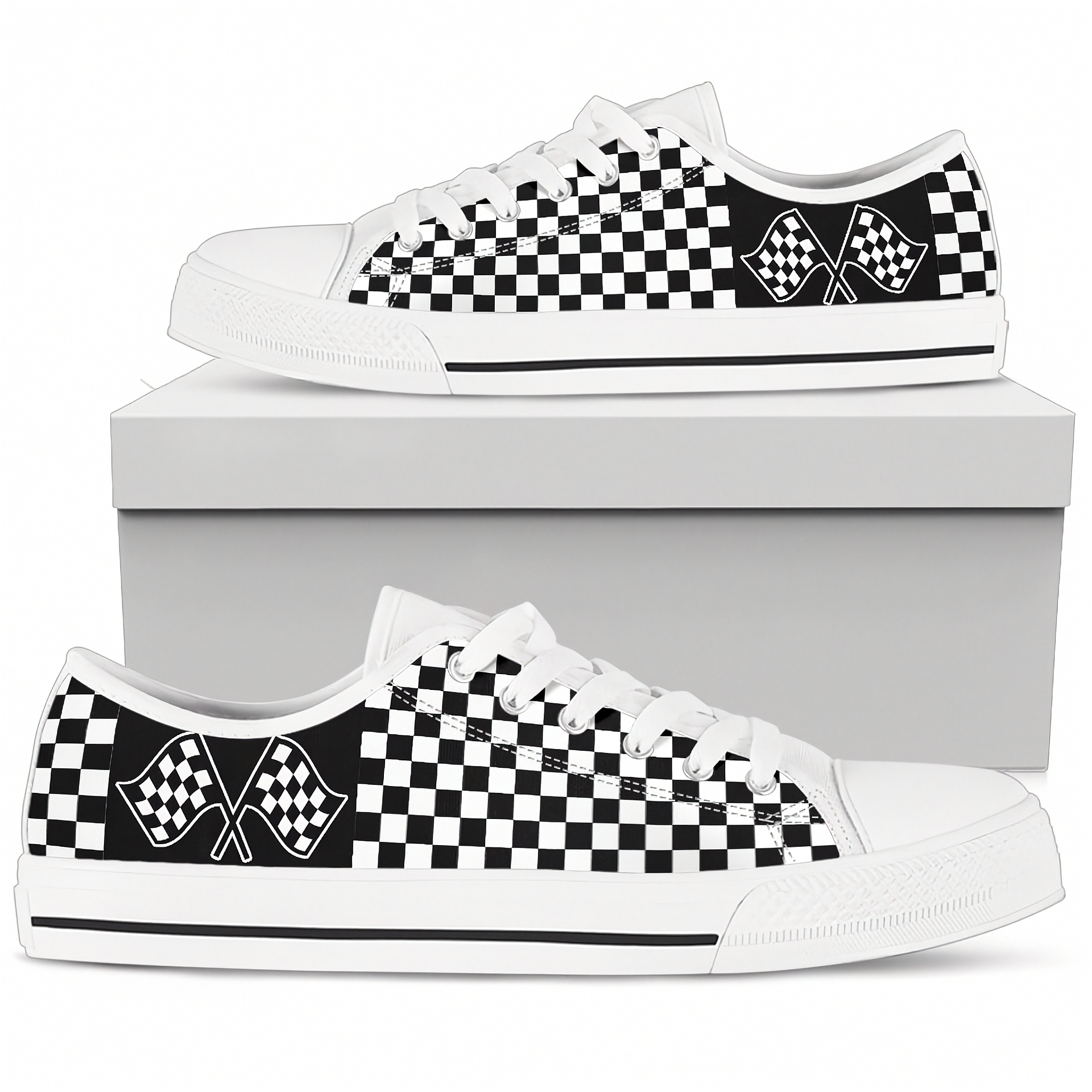 White low top shoes with black checkered pattern and racing flags on a white background