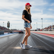 Woman in black t-shirt, denim shorts, and red cap standing on a race track with a blurred car in the background wearing a checkered flag low top shoes