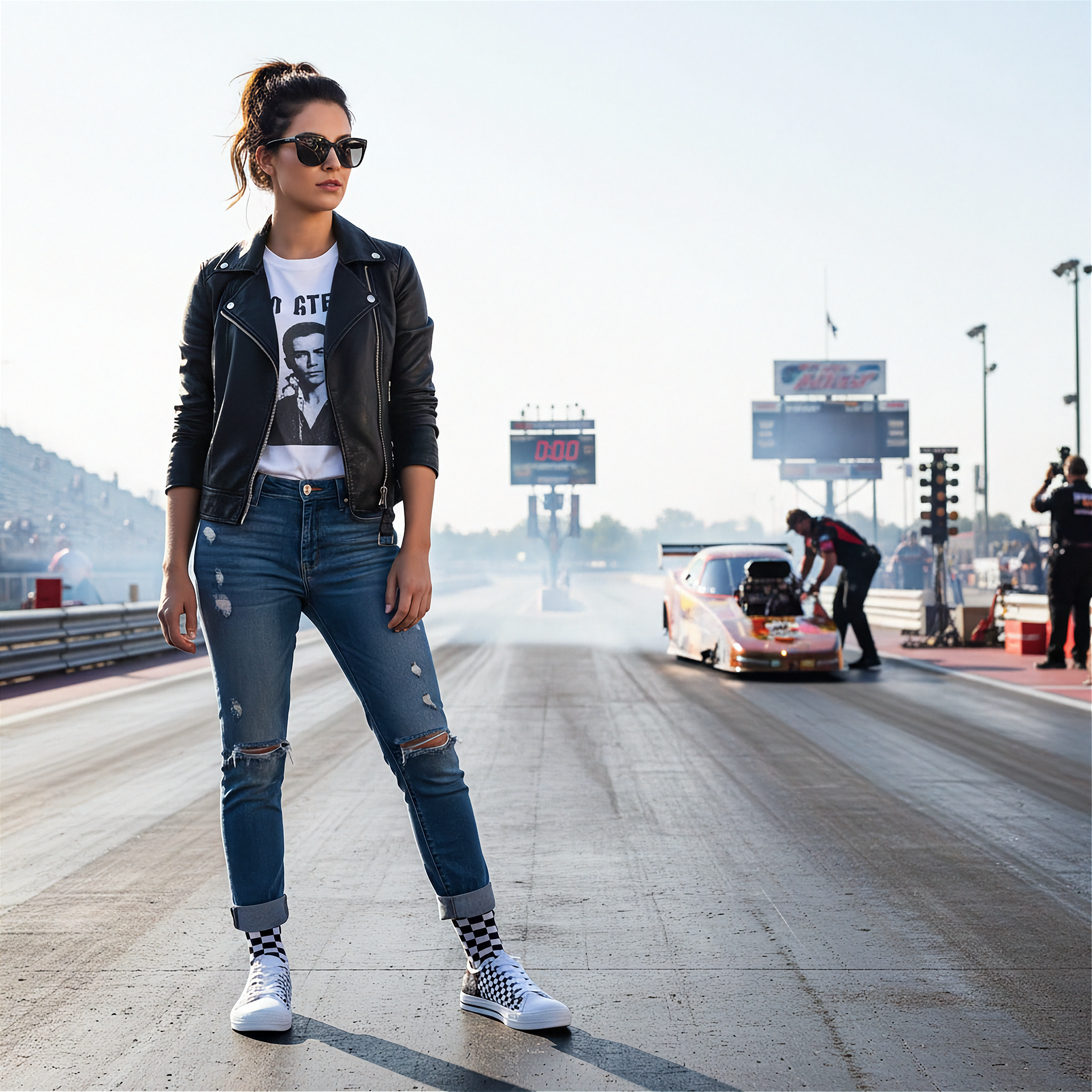 Woman standing on a racetrack with a car in the background wearing a checkered flag low top shoes