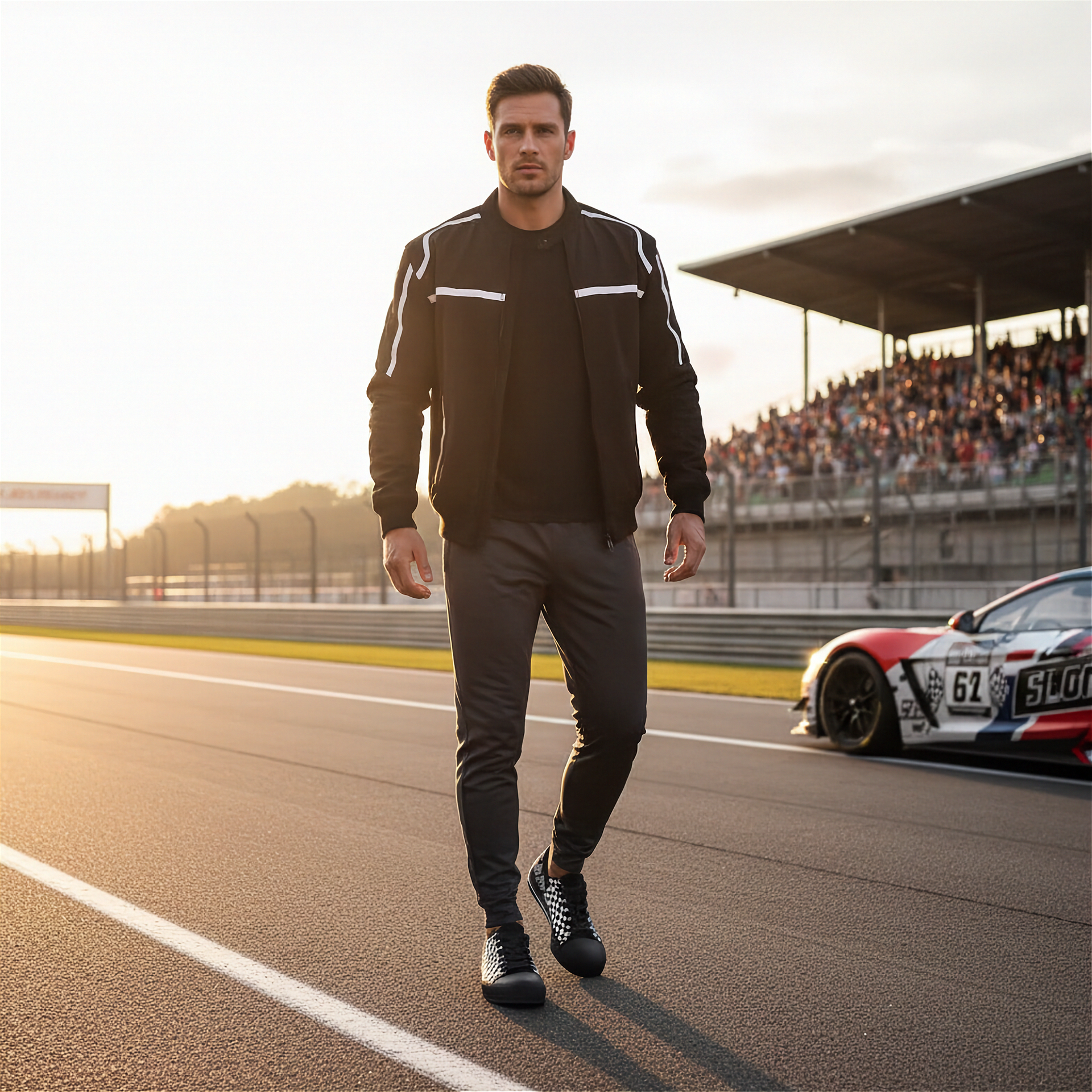 Man walking on a race track with a racing car in the background wearing a checkered flag low top shoes