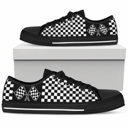 Black and white checkered sneakers with racing flags on a white background