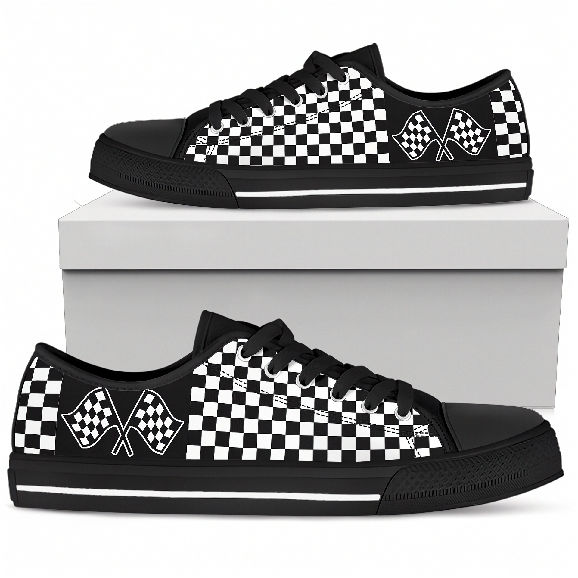 Black and white checkered sneakers with racing flags on a white background