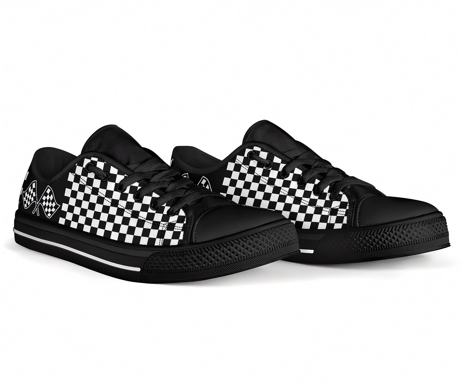 Black sneakers with white checkered pattern on a white background