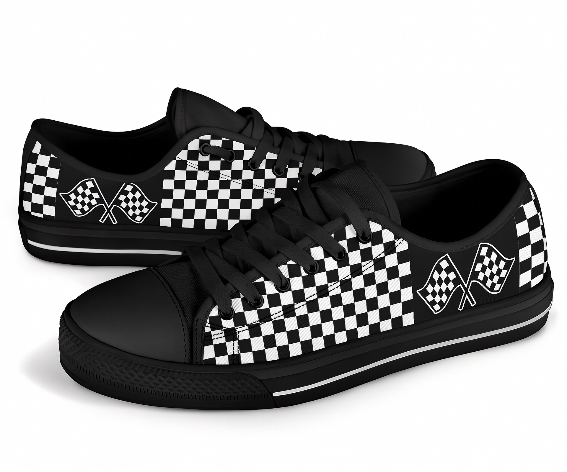Black sneakers with checkered pattern and flag design on a white background