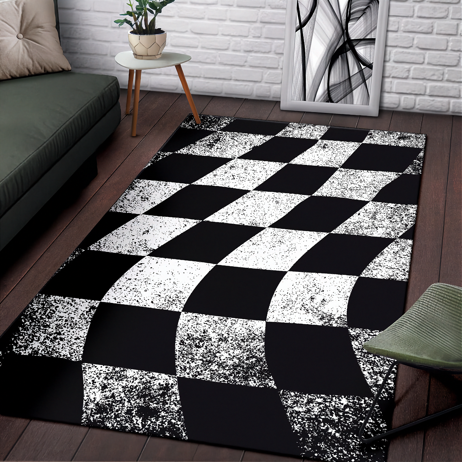 Black and white checkered rug in a living room setting with a sofa and table.
