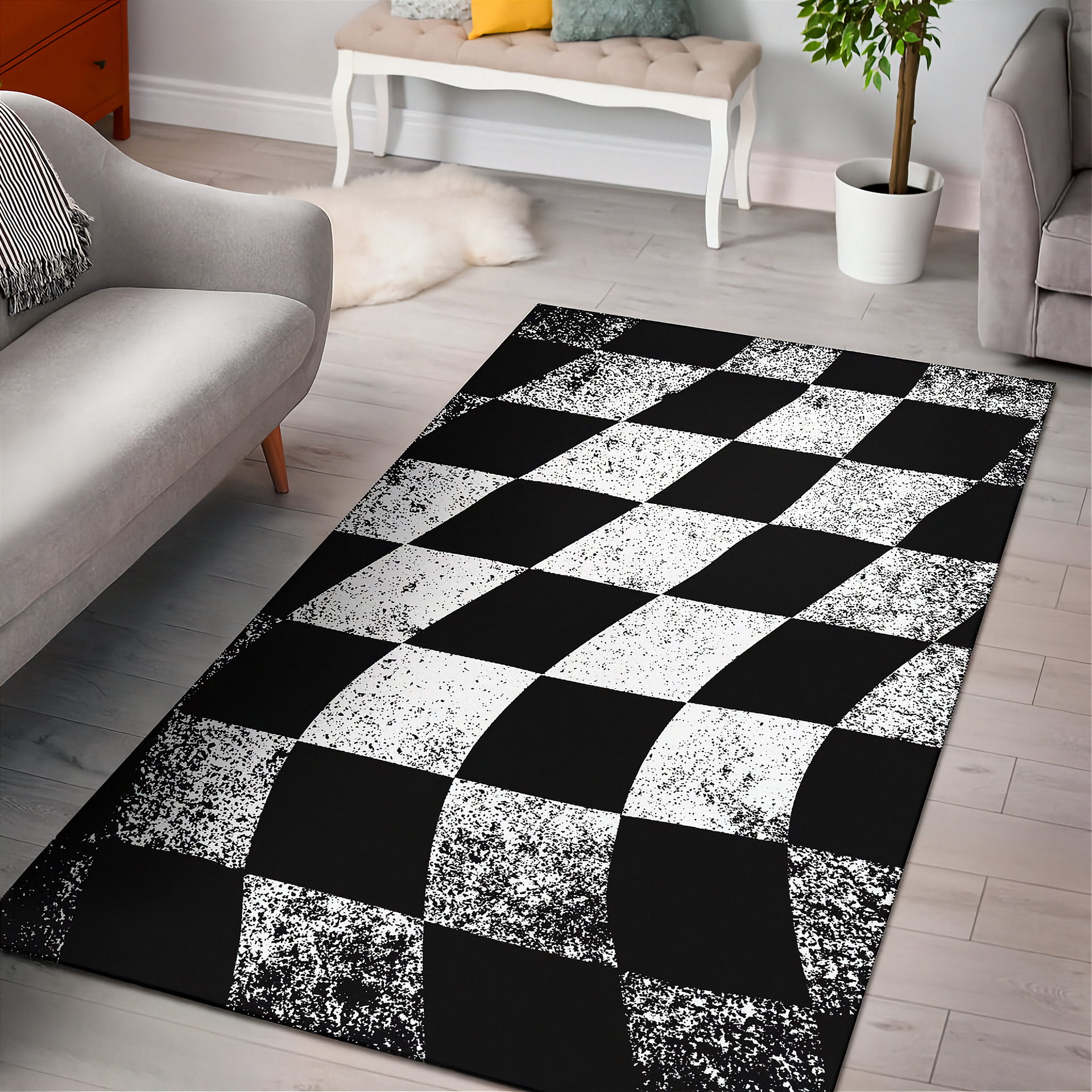 Black and white checkered rug in a living room setting with furniture and decor.