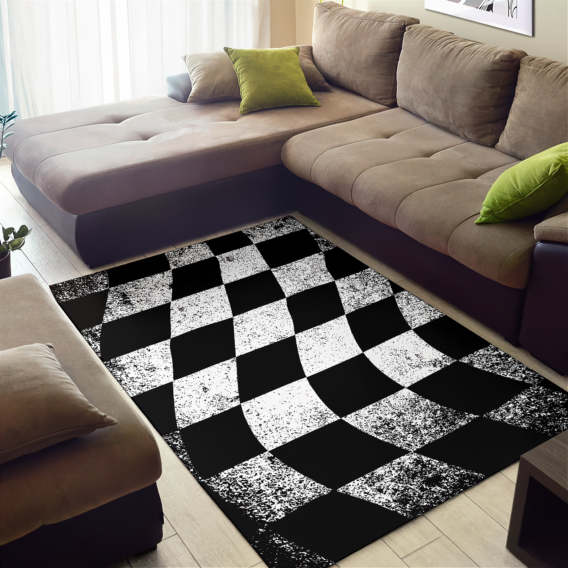 Living room with a checkered black and white rug, brown sectional sofa, and green cushions.