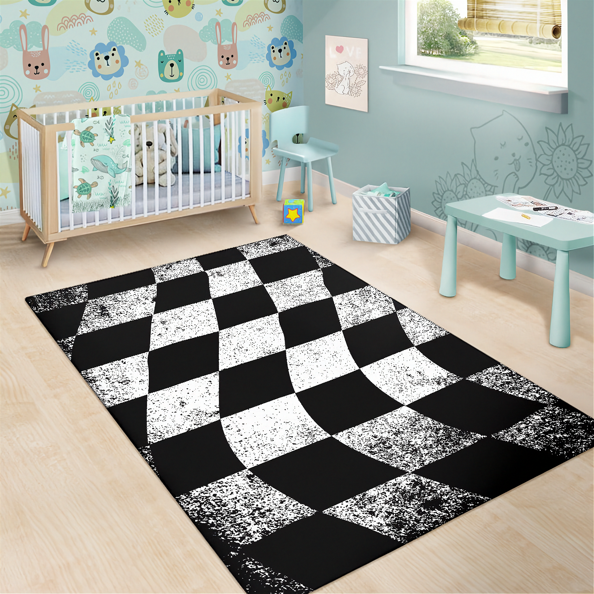 Checkered black and white rug in a nursery with crib and toys.