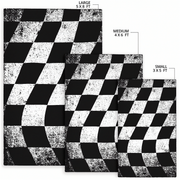 Three checkered floor mats of different sizes with dimensions labeled.