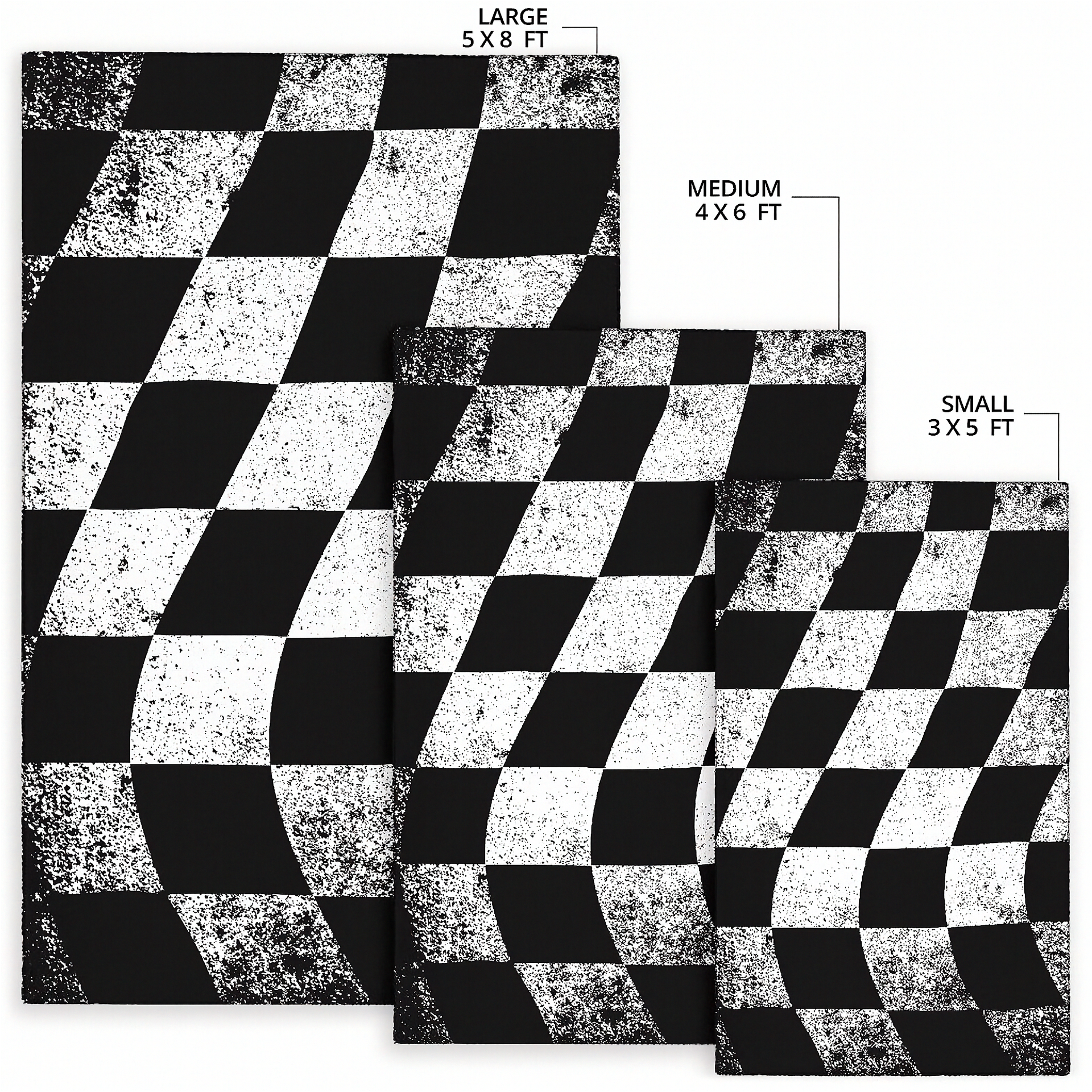 Three checkered floor mats of different sizes with dimensions labeled.