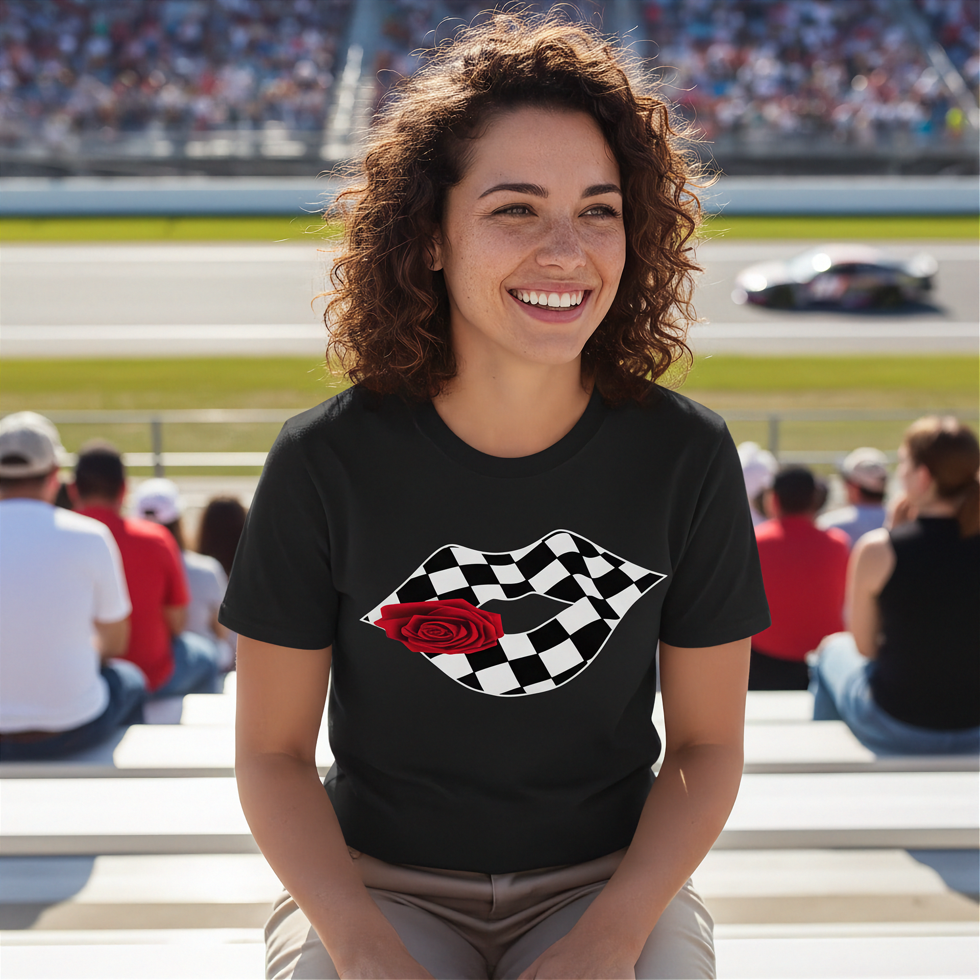 A trendy woman smiling while wearing a "Racing Checkered Lips" t-shirt and sunglasses, leaning against the side of a sleek sports car in a sunny outdoor parking lot.