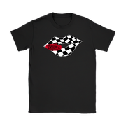 A stylish mockup of a women's v-neck t-shirt and racerback tank top featuring a graphic of glossy lips with a checkered flag pattern, displayed against a clean, modern white background.