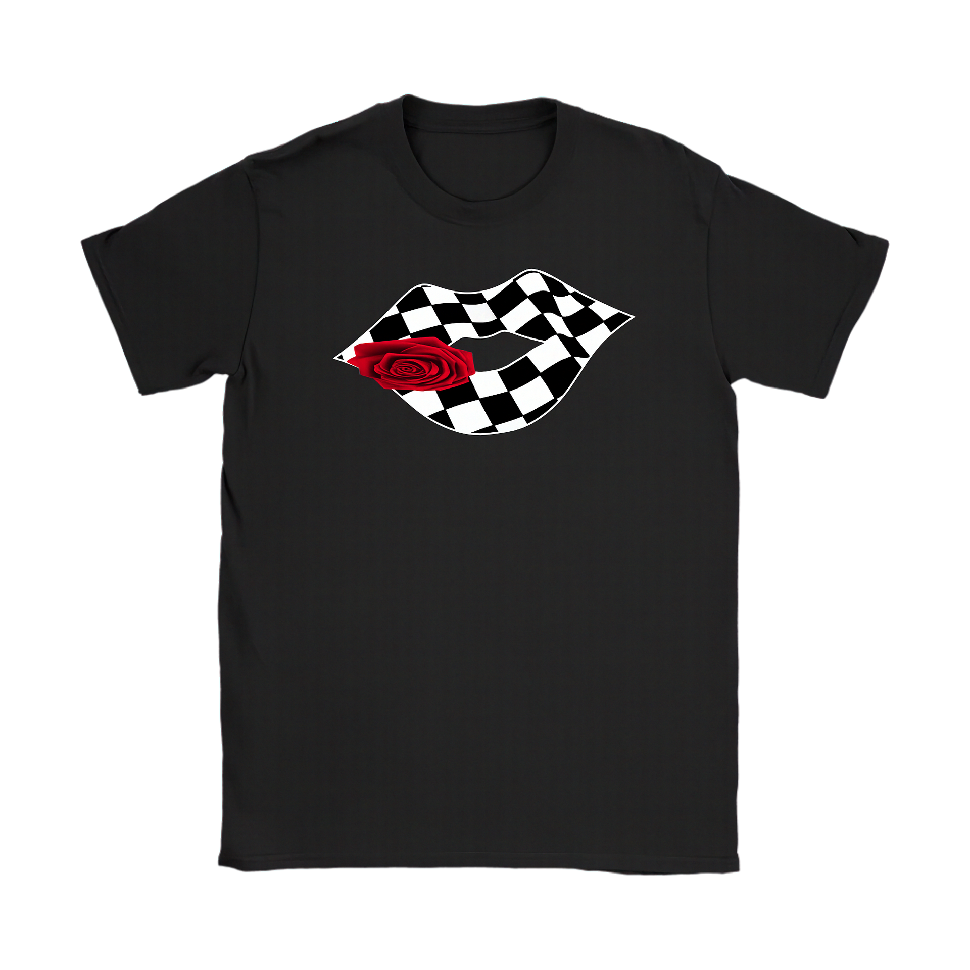 A stylish mockup of a women's v-neck t-shirt and racerback tank top featuring a graphic of glossy lips with a checkered flag pattern, displayed against a clean, modern white background.