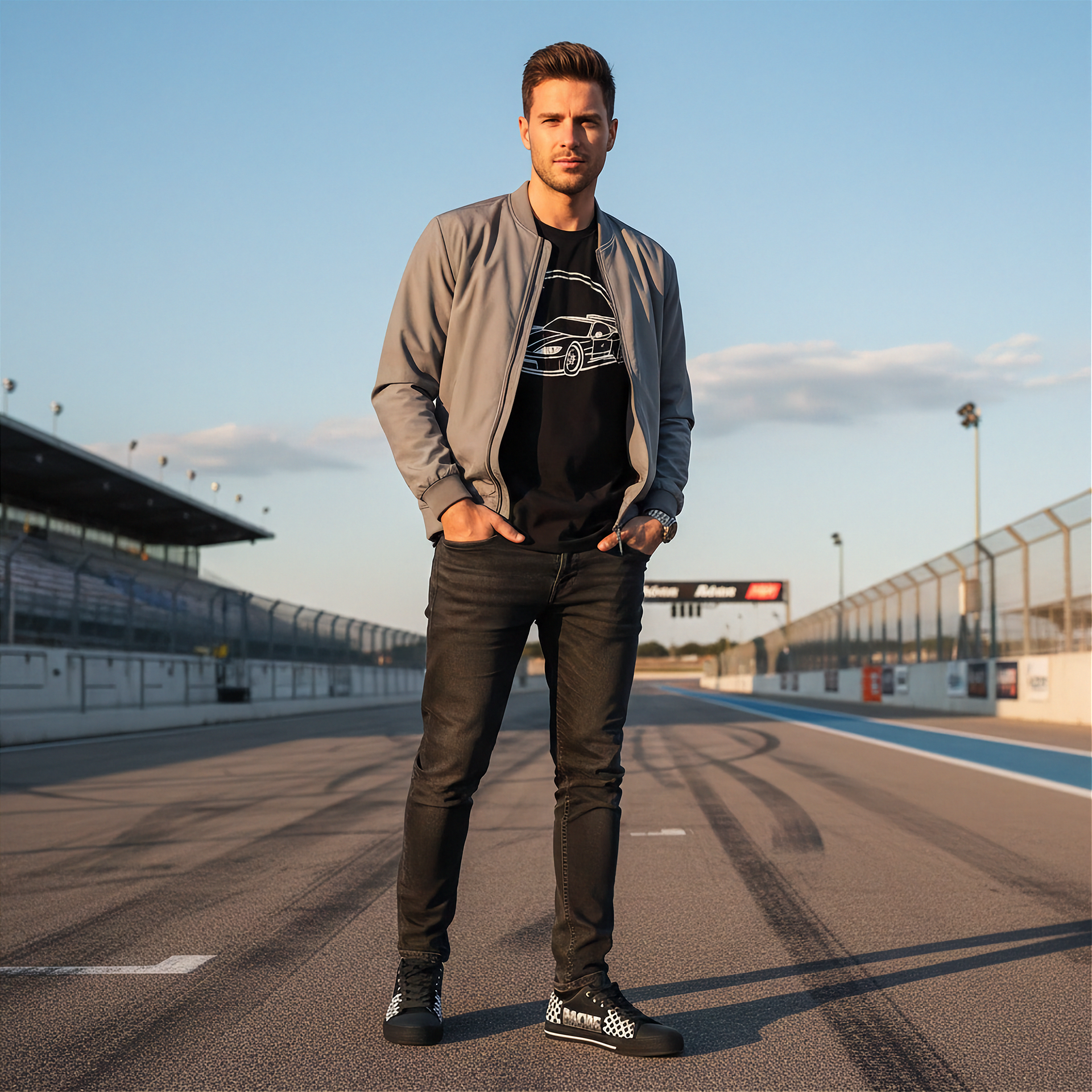 Man standing on a race track wearing a gray jacket and black jeans and racing low top shoes