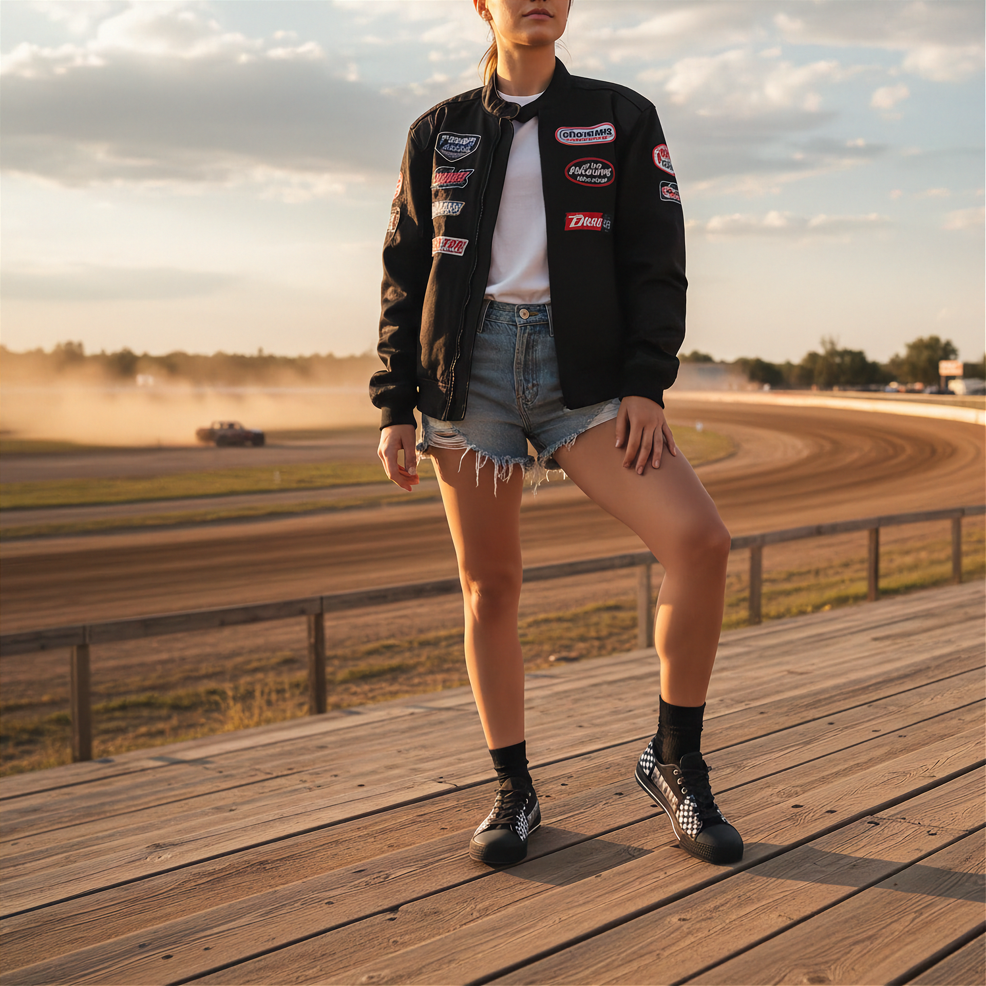 girl wearing a varsity jacket with patches on a wooden platform at a race track wearing a checkered pattern low top racing shoes.