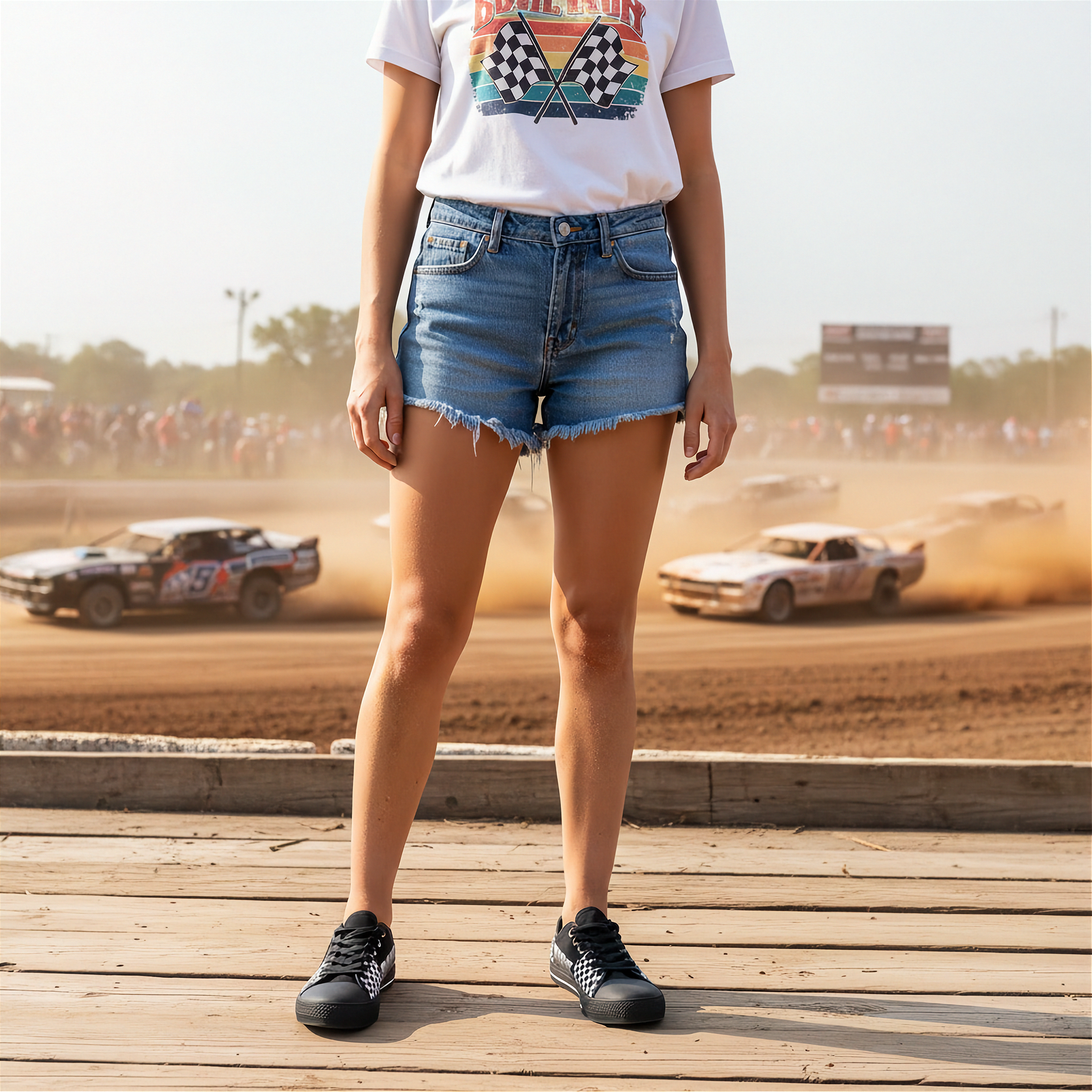 a girl wearing Racing checkered flag low top sneakers at a dirt track.