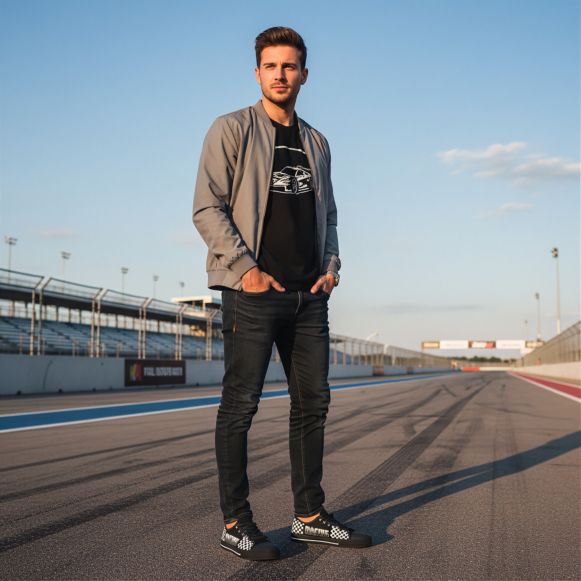 Man standing on a race track with a clear sky wearing racing low top shoes