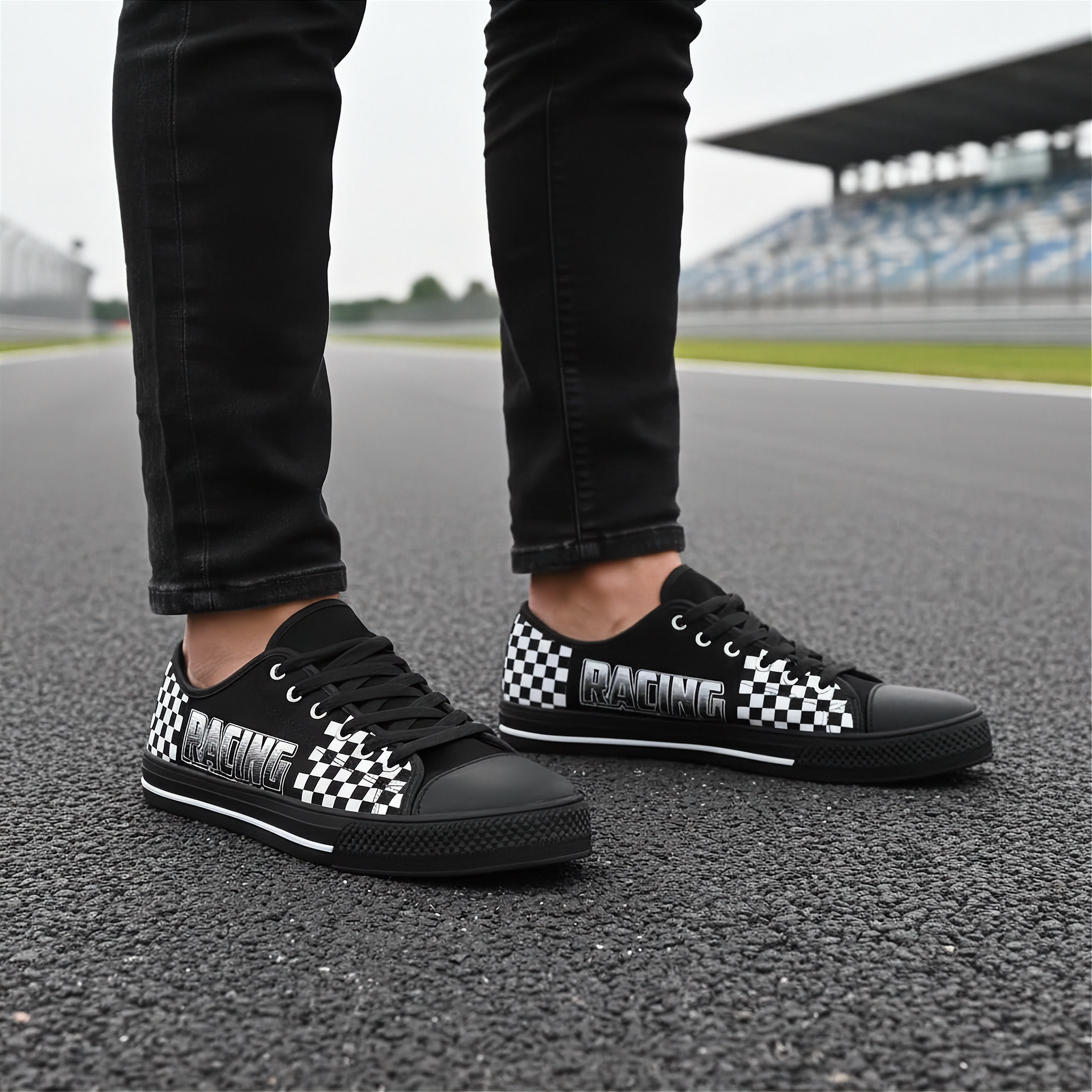 Black low top sneakers shoes with checkered patterns and 'Racing' text on a racetrack.