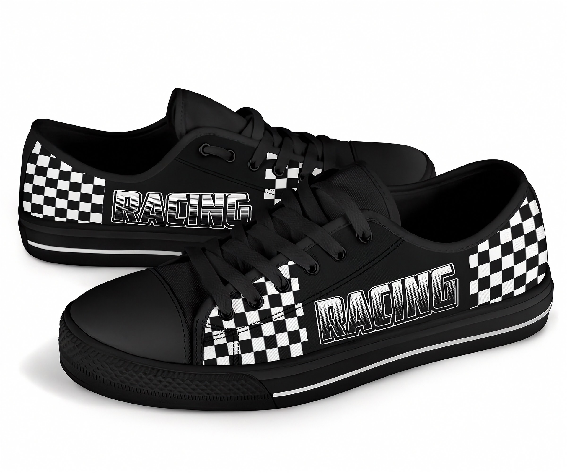 Black sneakers with checkered patterns and 'Racing' text on a white background