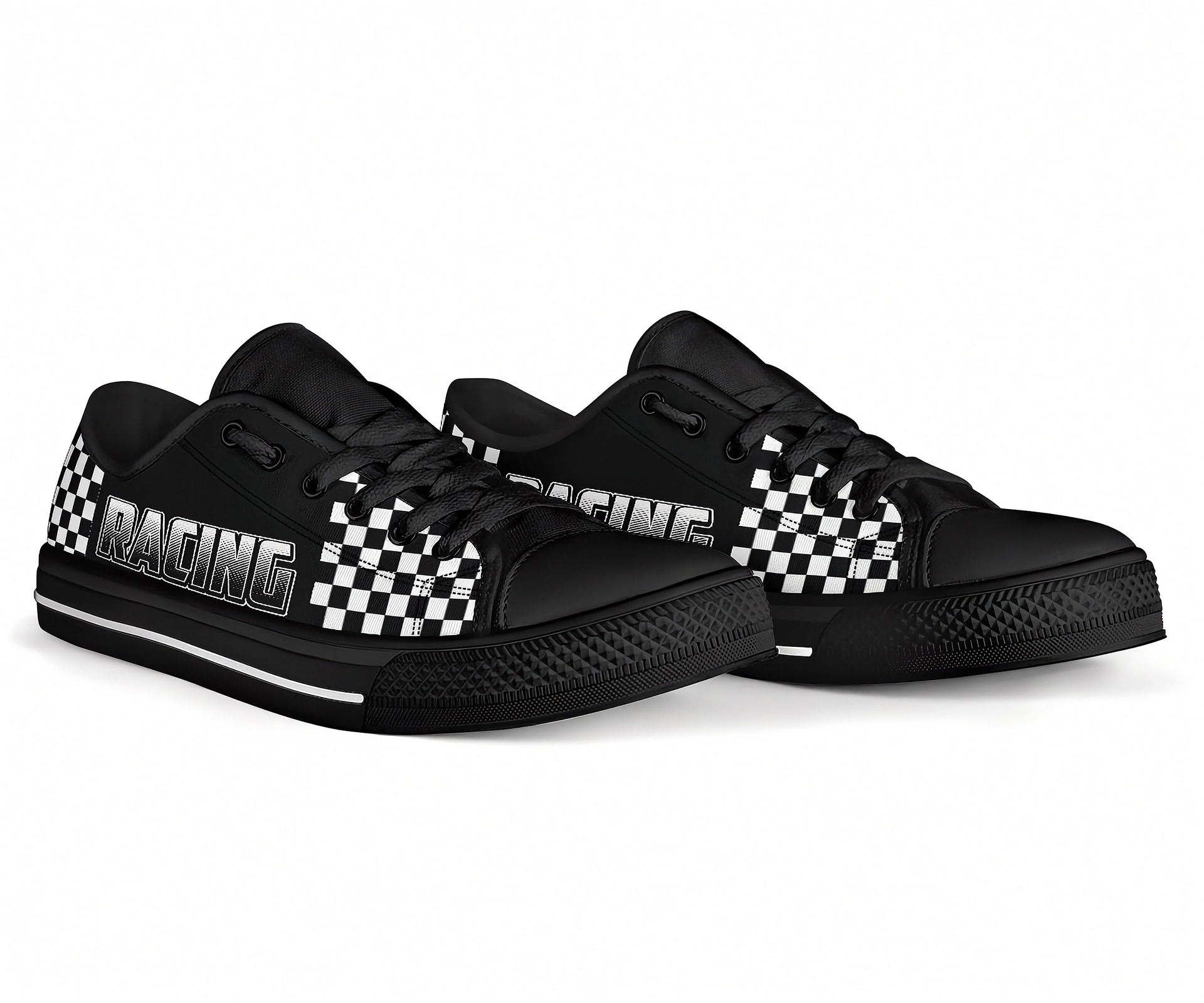 Black low top shoes with checkered patterns and 'RACING' text on a white background