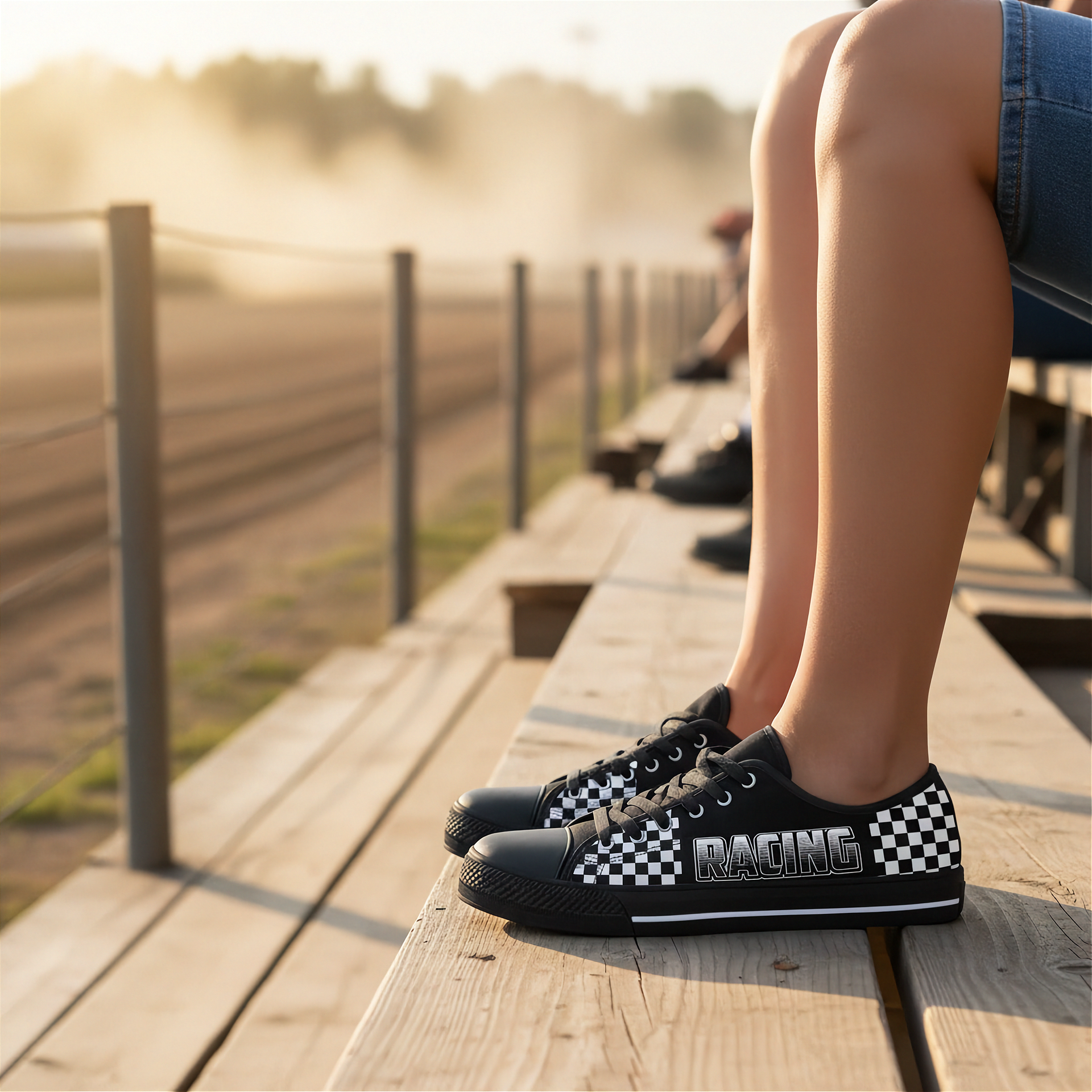 Person wearing black and white checkered low top shoes with 'RACING' text on a wooden platform.