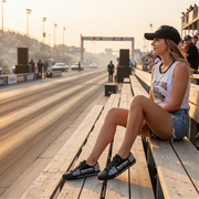 Woman sitting on a wooden bench at a race track during sunset wearing checkered pattern low top shoes with word racing.