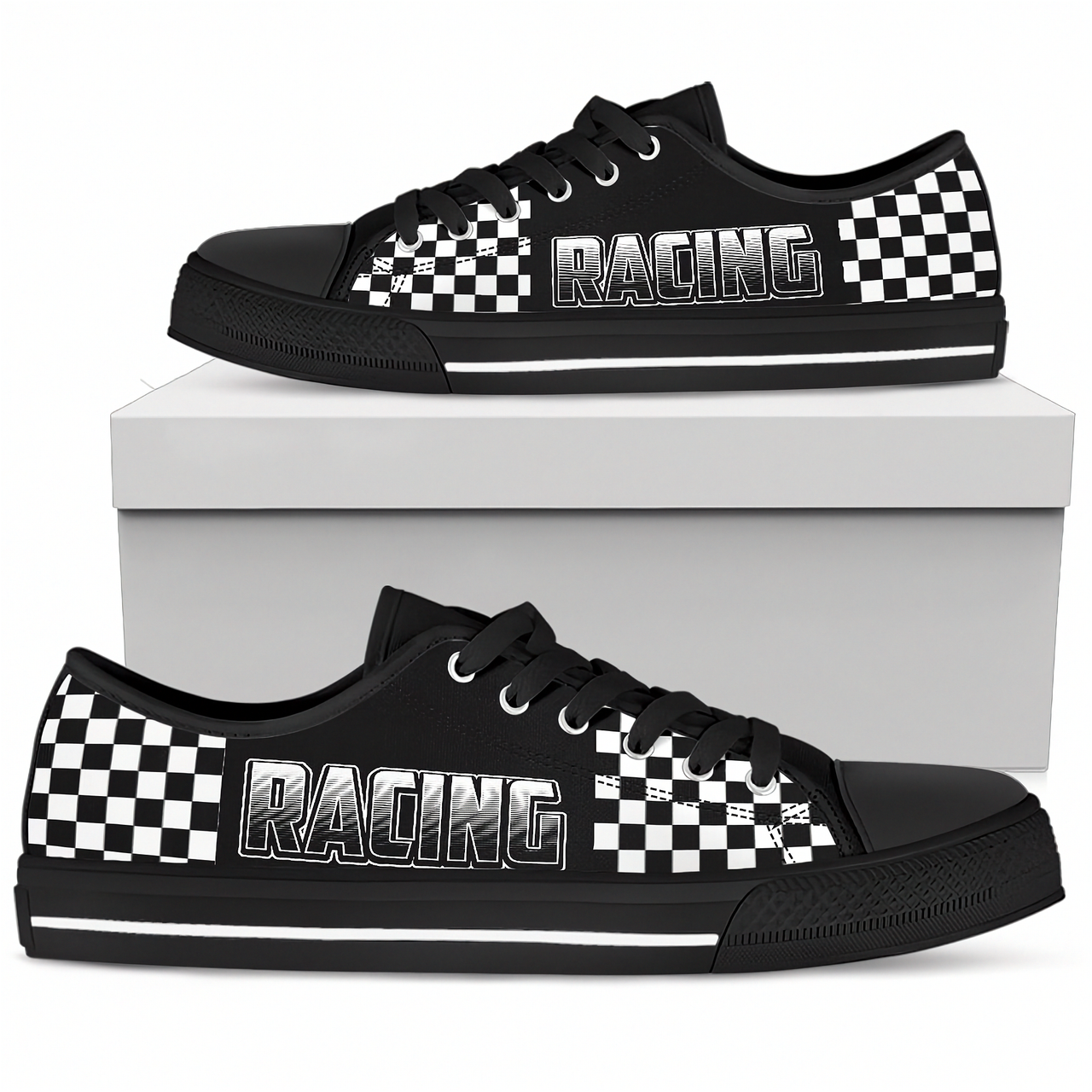 Black sneakers with checkered pattern and 'RACING' text on a white background