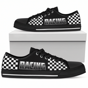 Black sneakers with checkered pattern and 'RACING' text on a white background