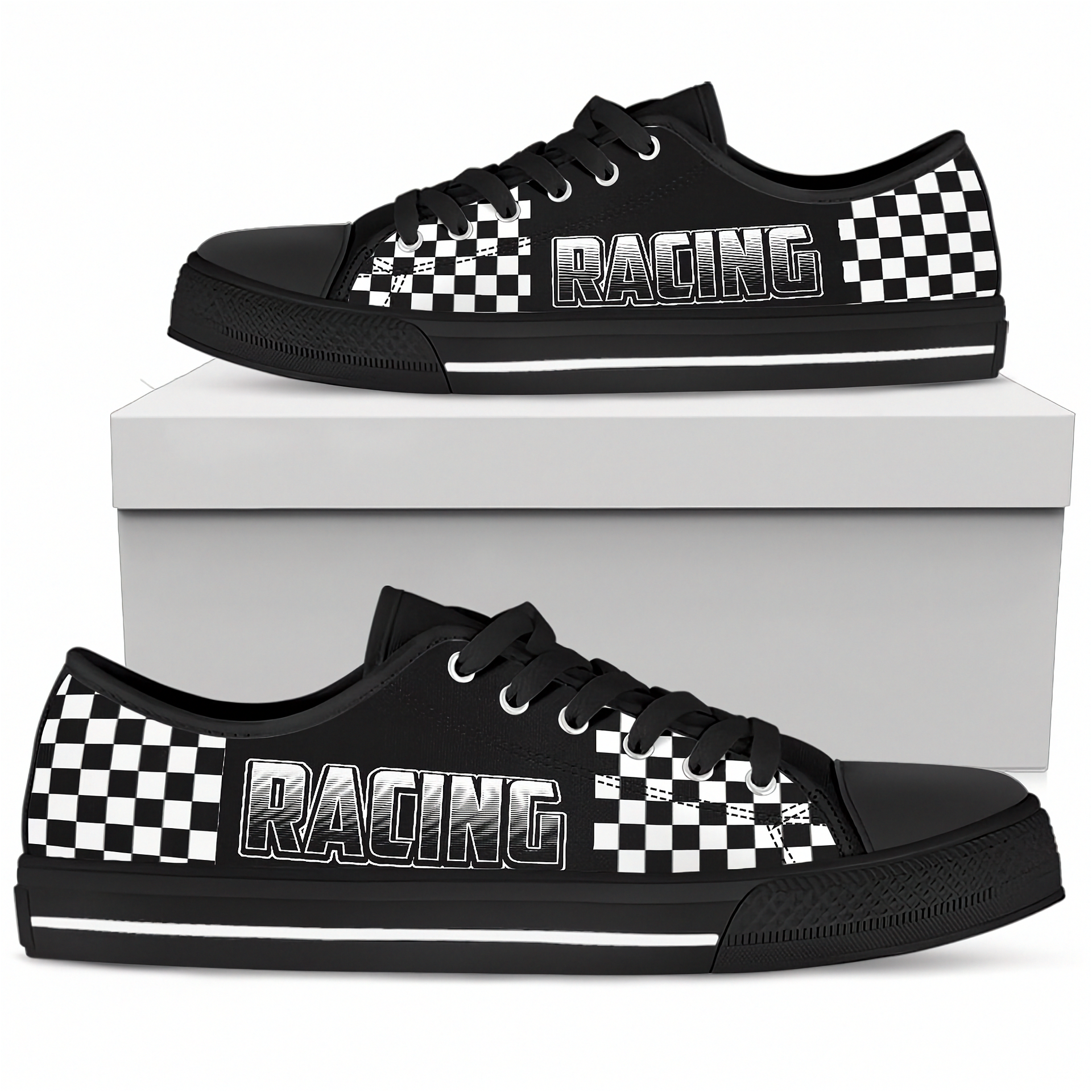 Black sneakers with checkered pattern and 'RACING' text on a white background