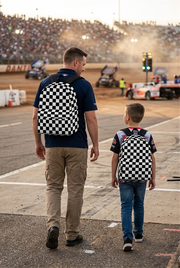 Classic black and white racing checkered track backpack designed for back to school and motorsport fans, featuring a checkerboard print and adjustable straps.
