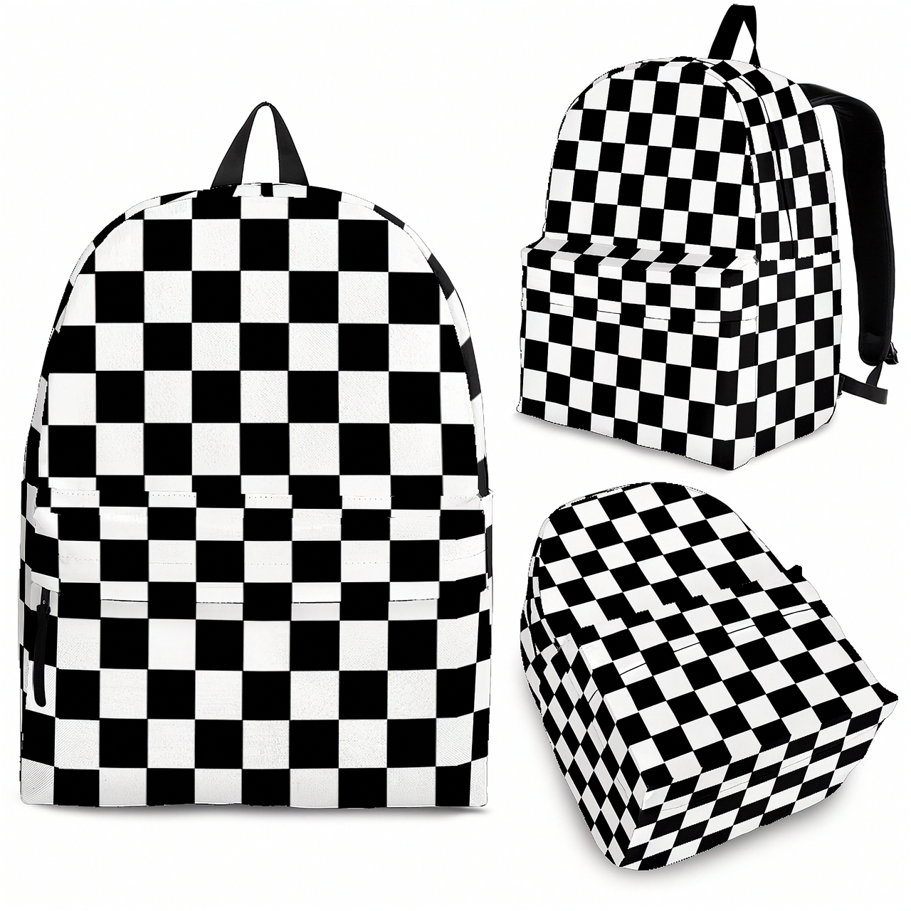 Classic black and white racing checkered track backpack designed for back to school and motorsport fans, featuring a checkerboard print and adjustable straps.