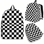 Classic black and white racing checkered track backpack designed for back to school and motorsport fans, featuring a checkerboard print and adjustable straps.