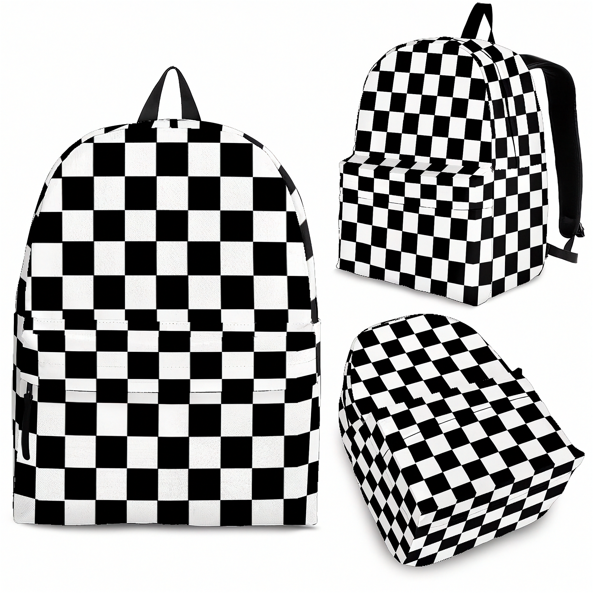 Classic black and white racing checkered track backpack designed for back to school and motorsport fans, featuring a checkerboard print and adjustable straps.