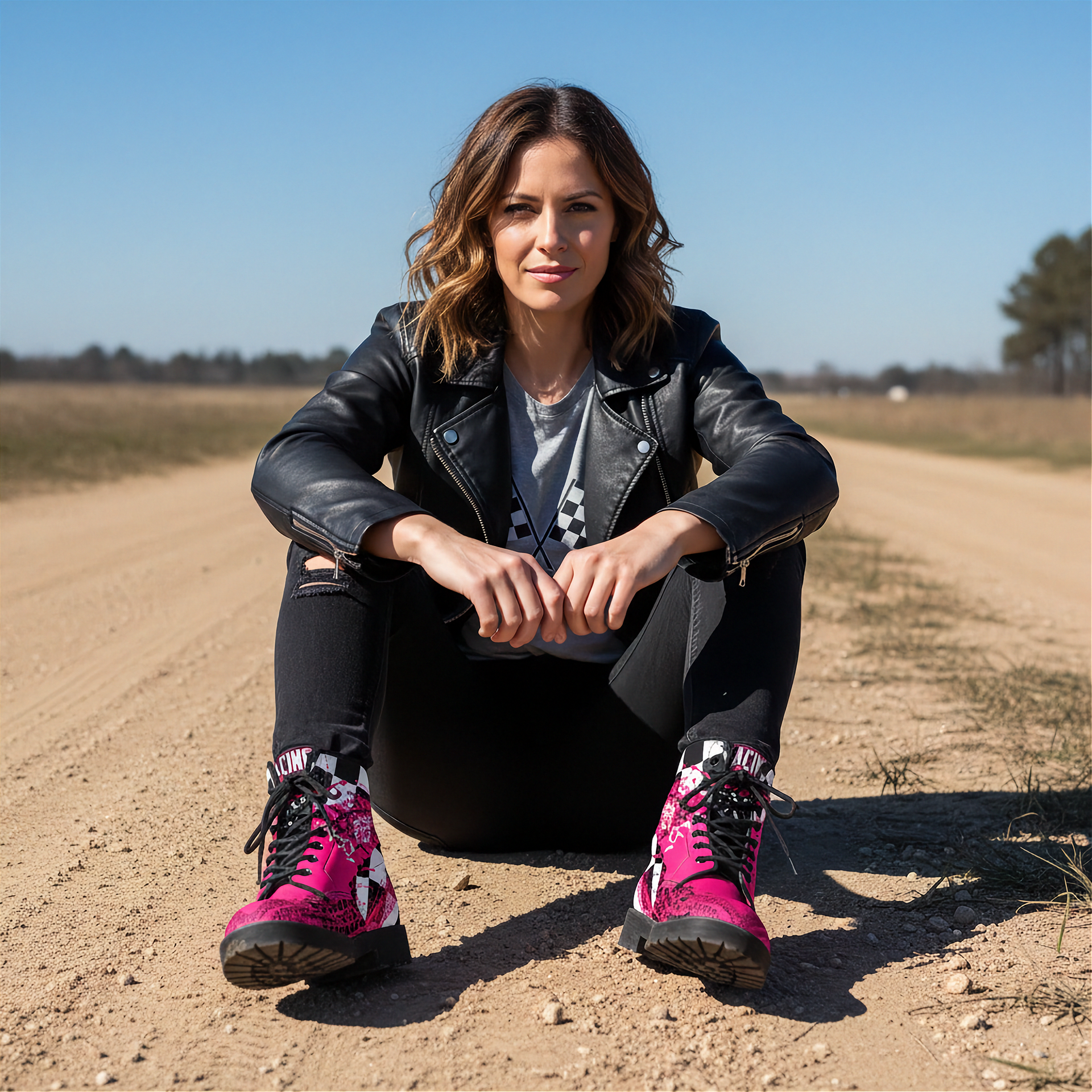 woman sitting in a dirt track wearing Pink racing checkered boots - motorsports vegan leather shoes