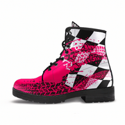 Pink and black patterned boot on a white background