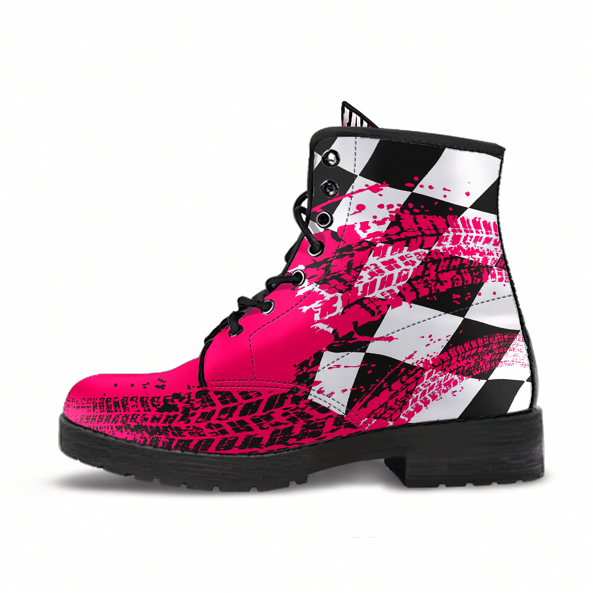 Pink and black patterned boot on a white background