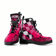Pink and black racing boots with 'Racing Girl' text on a white background