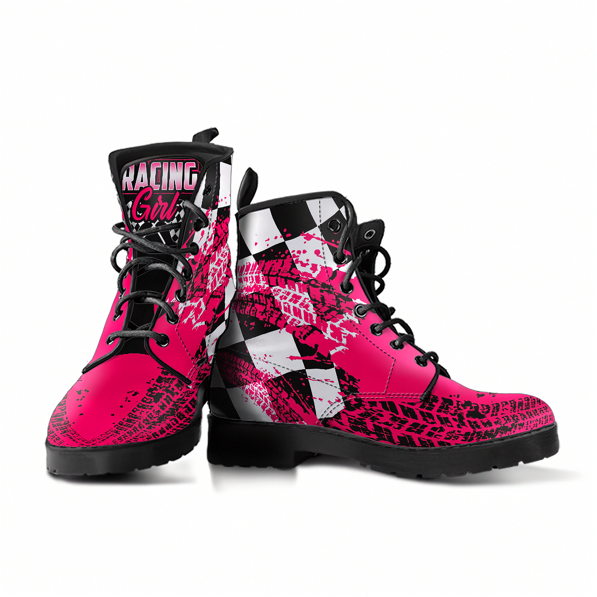 Pink and black racing boots with 'Racing Girl' text on a white background