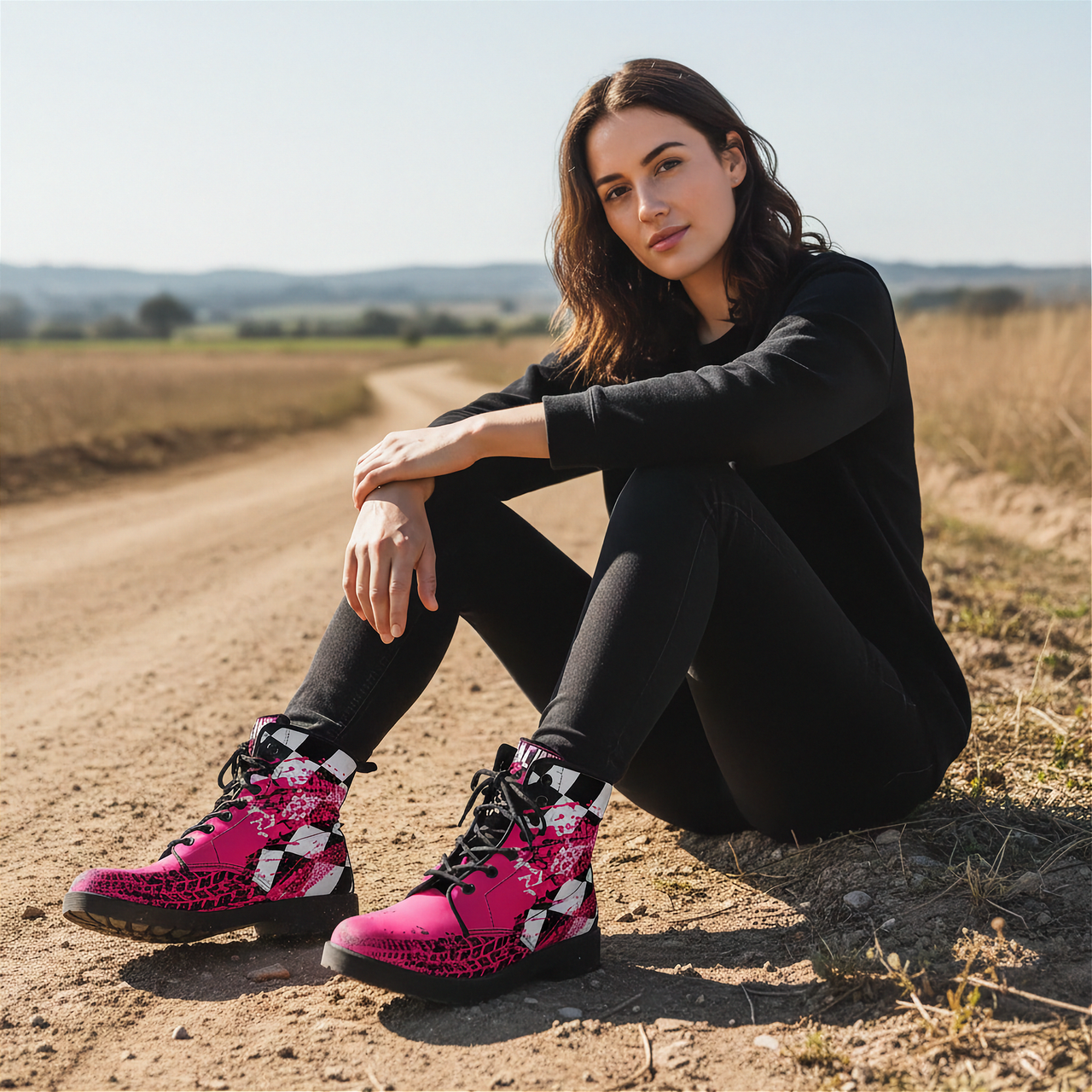 Woman sitting on a dirt road wearing pink and black dirt racing  boots.