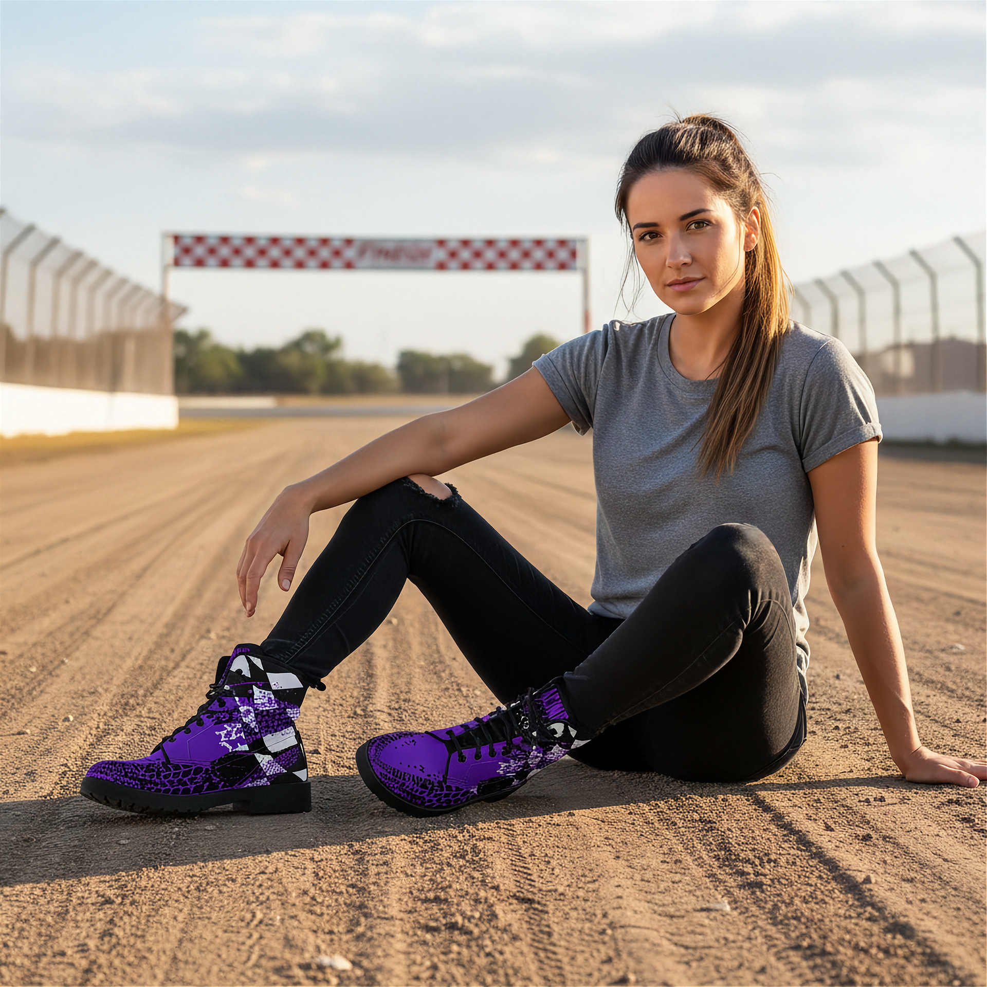 Woman sitting on a race track wearing purple boots with checkered pattern
