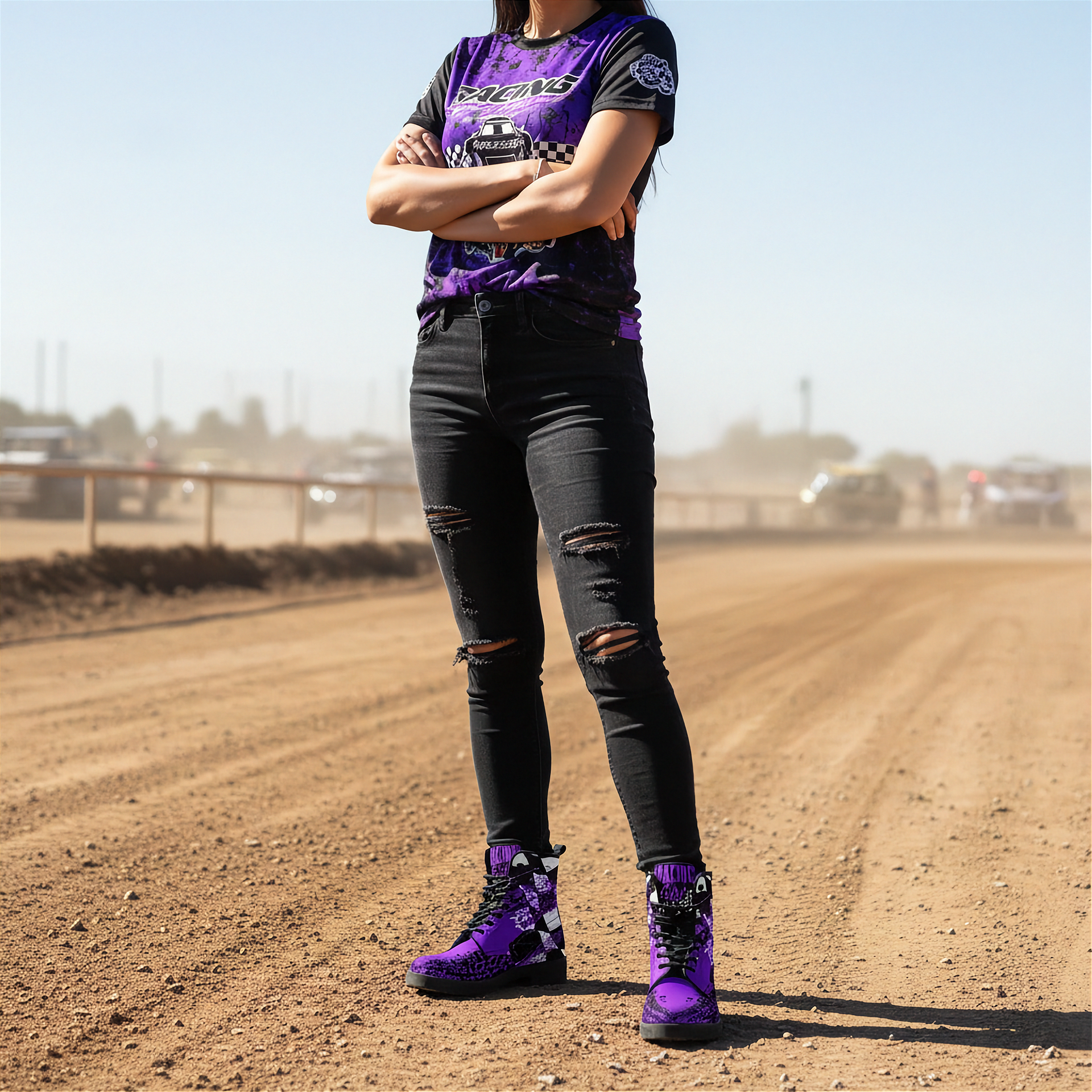 woman wearing a purple and black outfit with matching checkered boots on a dirt track.