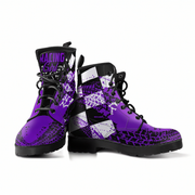 Purple and black combat boots with 'Racing Girl' branding on a white background