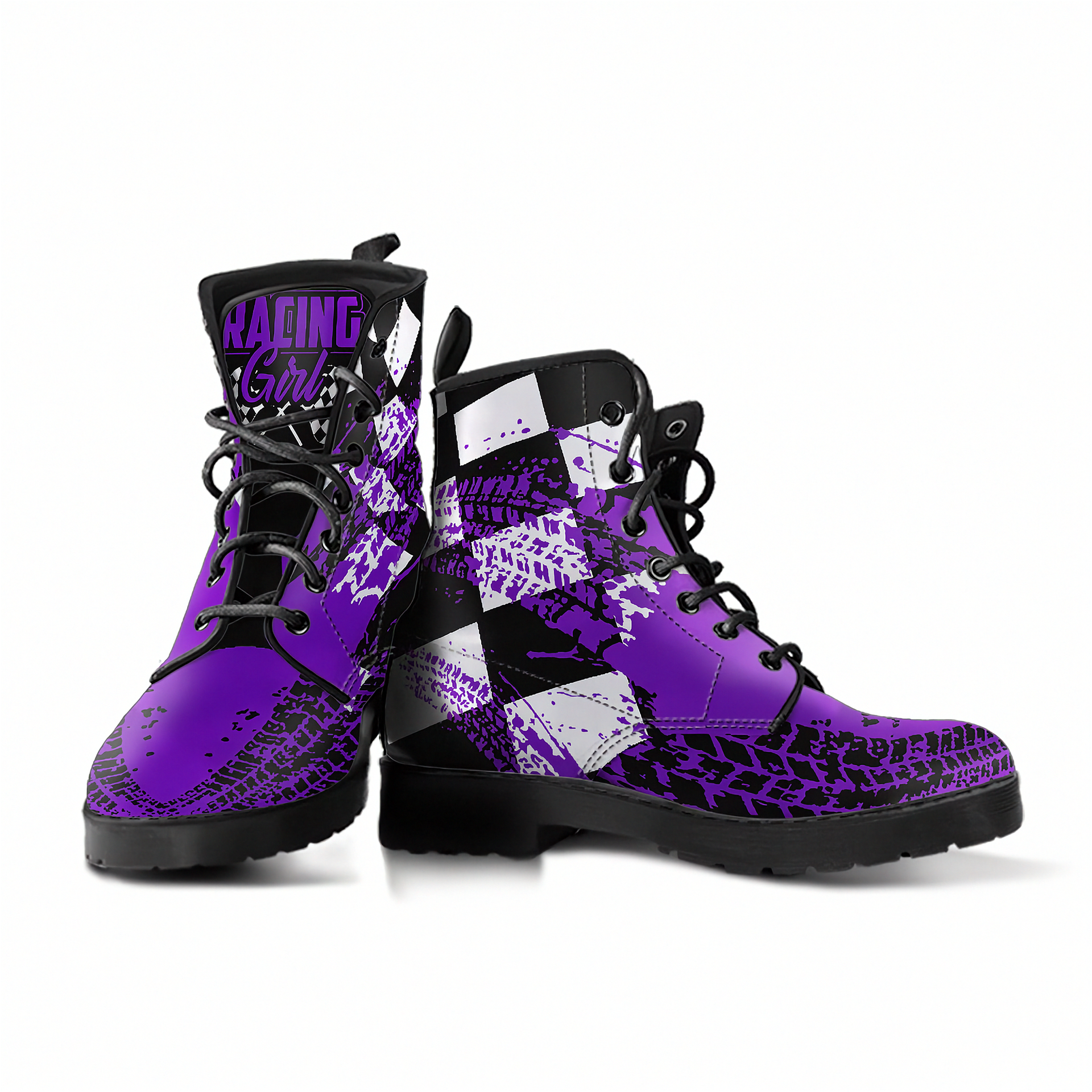 Purple and black combat boots with 'Racing Girl' branding on a white background
