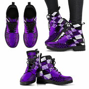 Purple and black high-top sneakers with racing text on a white background